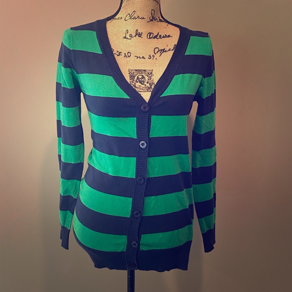 Green and blue v-neck sweater